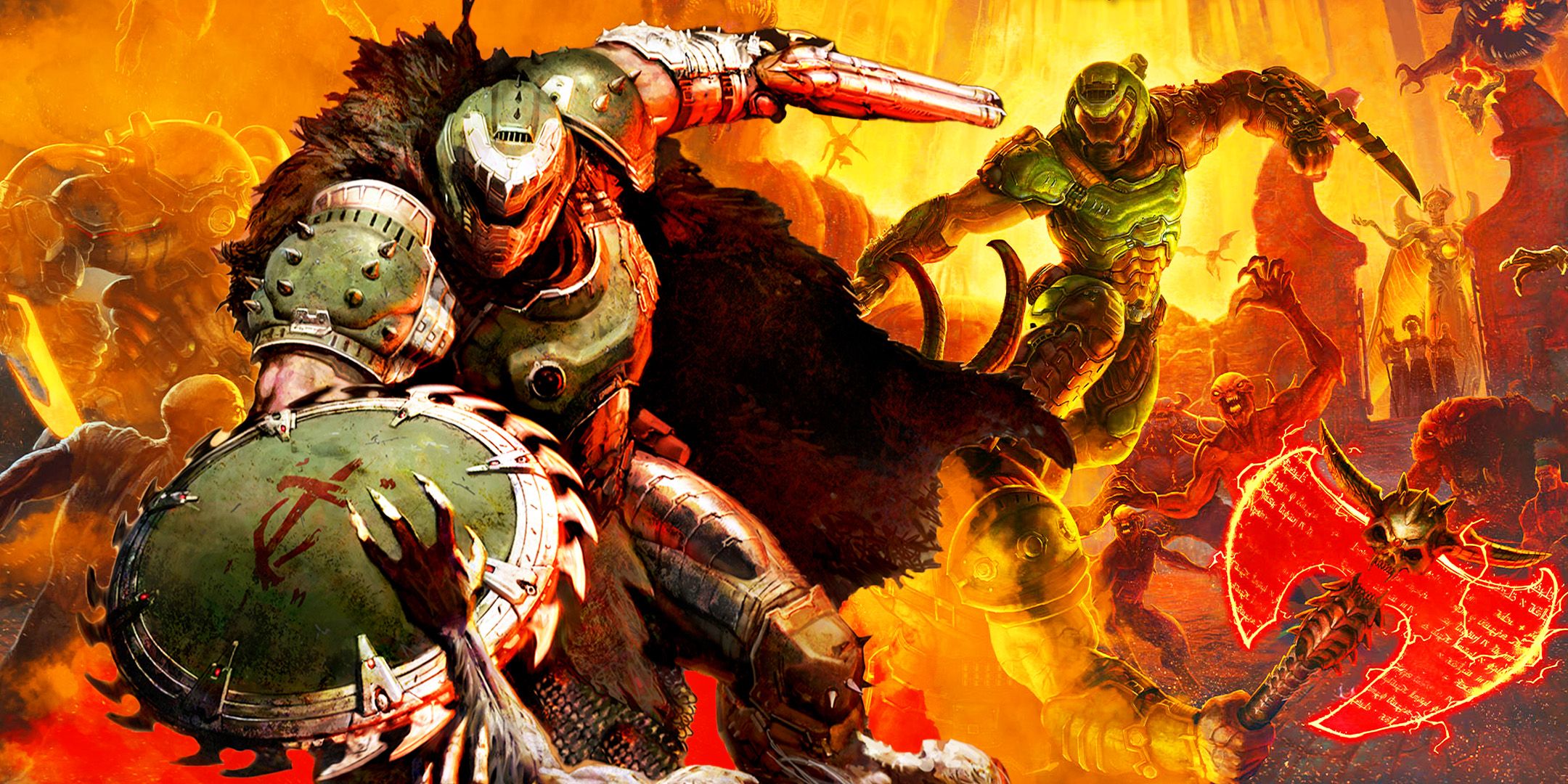 Imagen de collage del arte clave de Doom Eternal y The Dark Edad