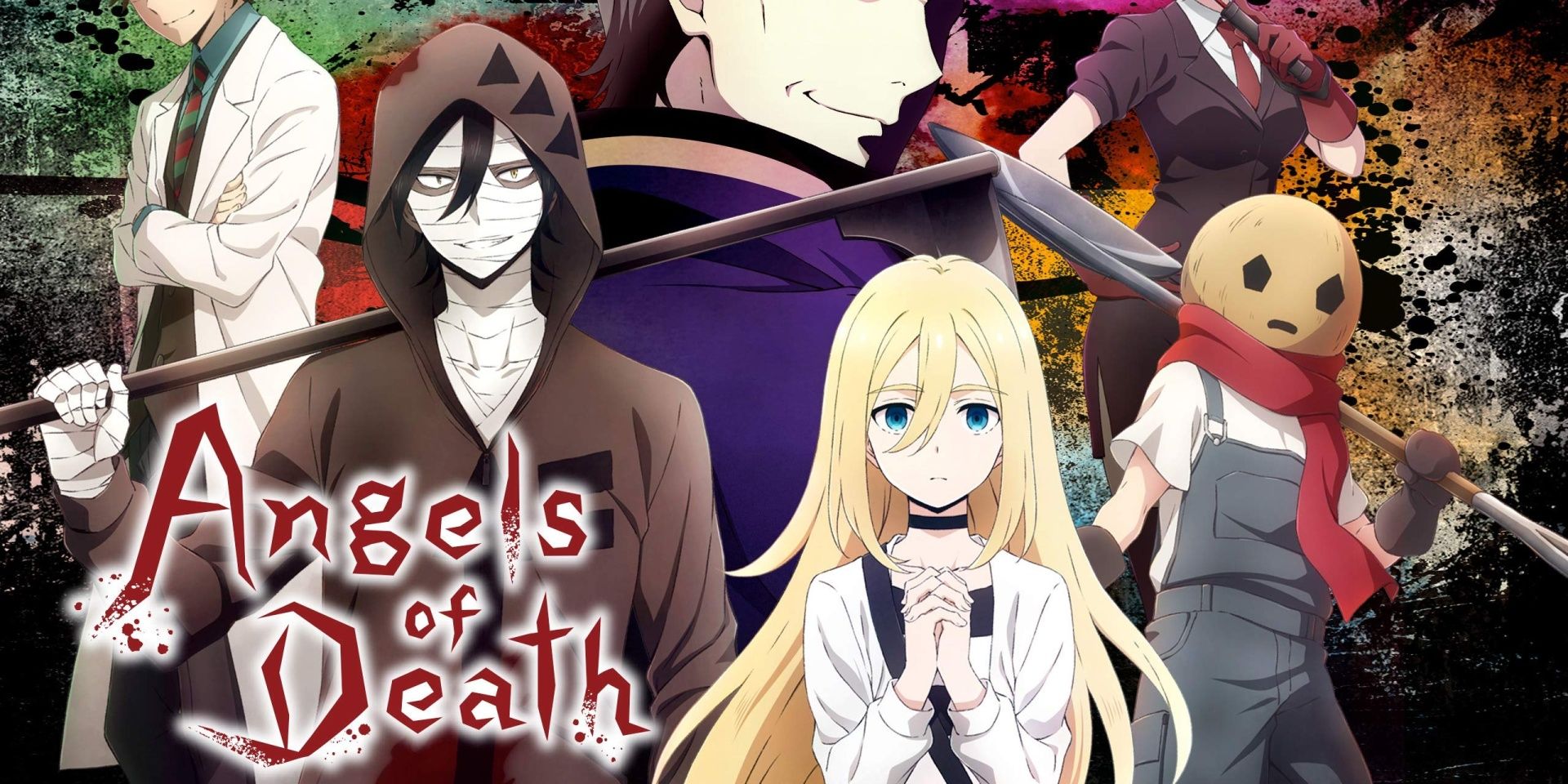 Rachel Gardner y Zack de Angels of Death se paran uno al lado del otro frente del resto del elenco.