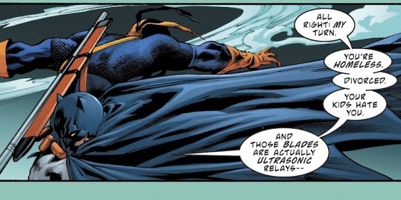 Panel de cómics: Batman reprende a Slade Wilson mientras lo lucha en Deathstroke #34