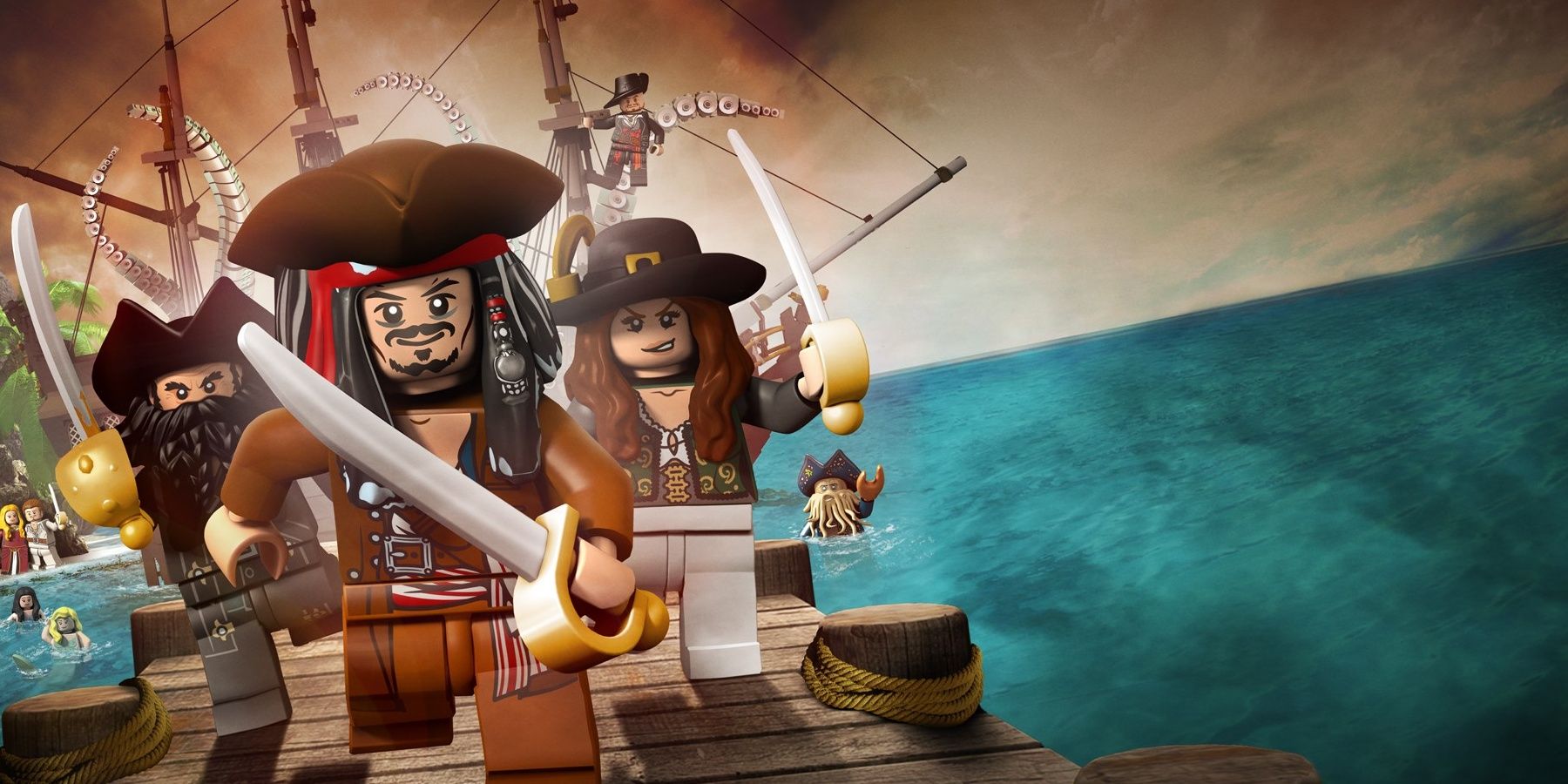 Imagen de promoción con Jack Sparrow, Blackbeard y Angelica en Lego Pirates of the Caribbean: The Video Game