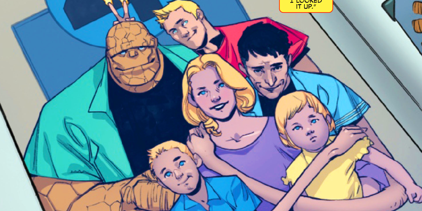 Los cuatro fantásticos como familia con Franklin y Valeria Richards en Marvel Comics