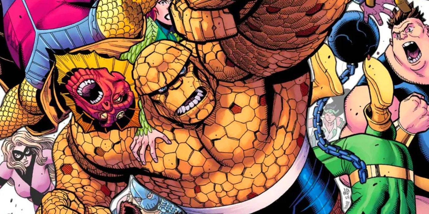 La cosa derribando a varios villanos de Marvel