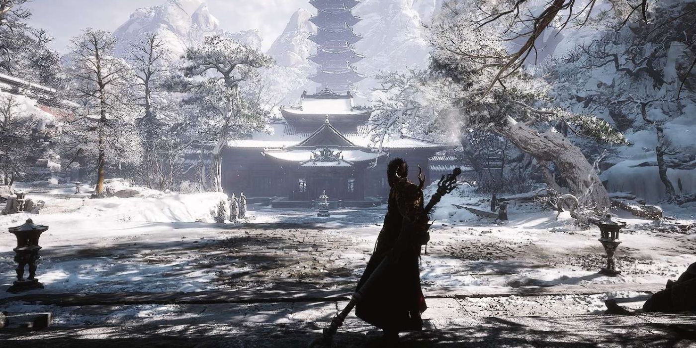 El destinado de pie frente a un templo cubierto de nieve en mito negro: Wukong.