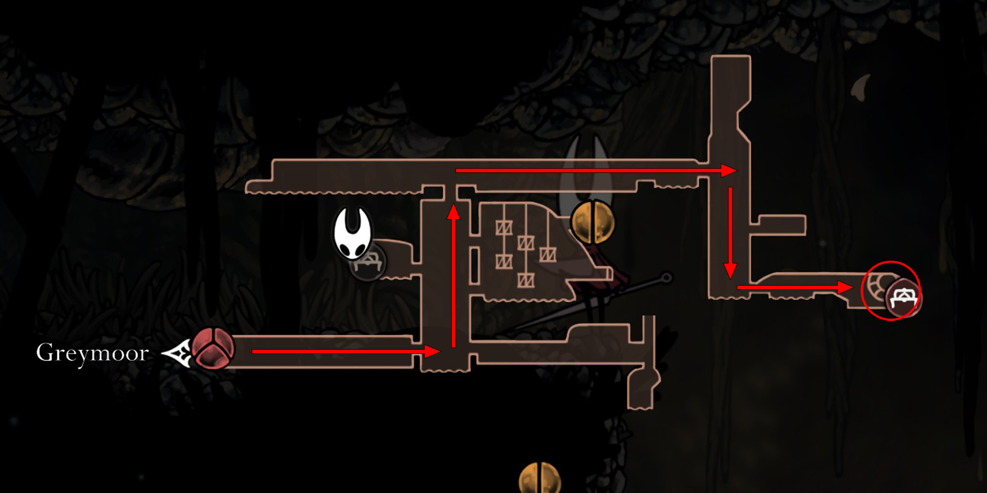 Mapa de Sinners Road con flechas rojas en Silksong