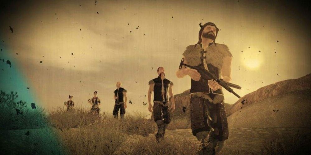 Grandes Khans caminando por el desierto con rifles. 