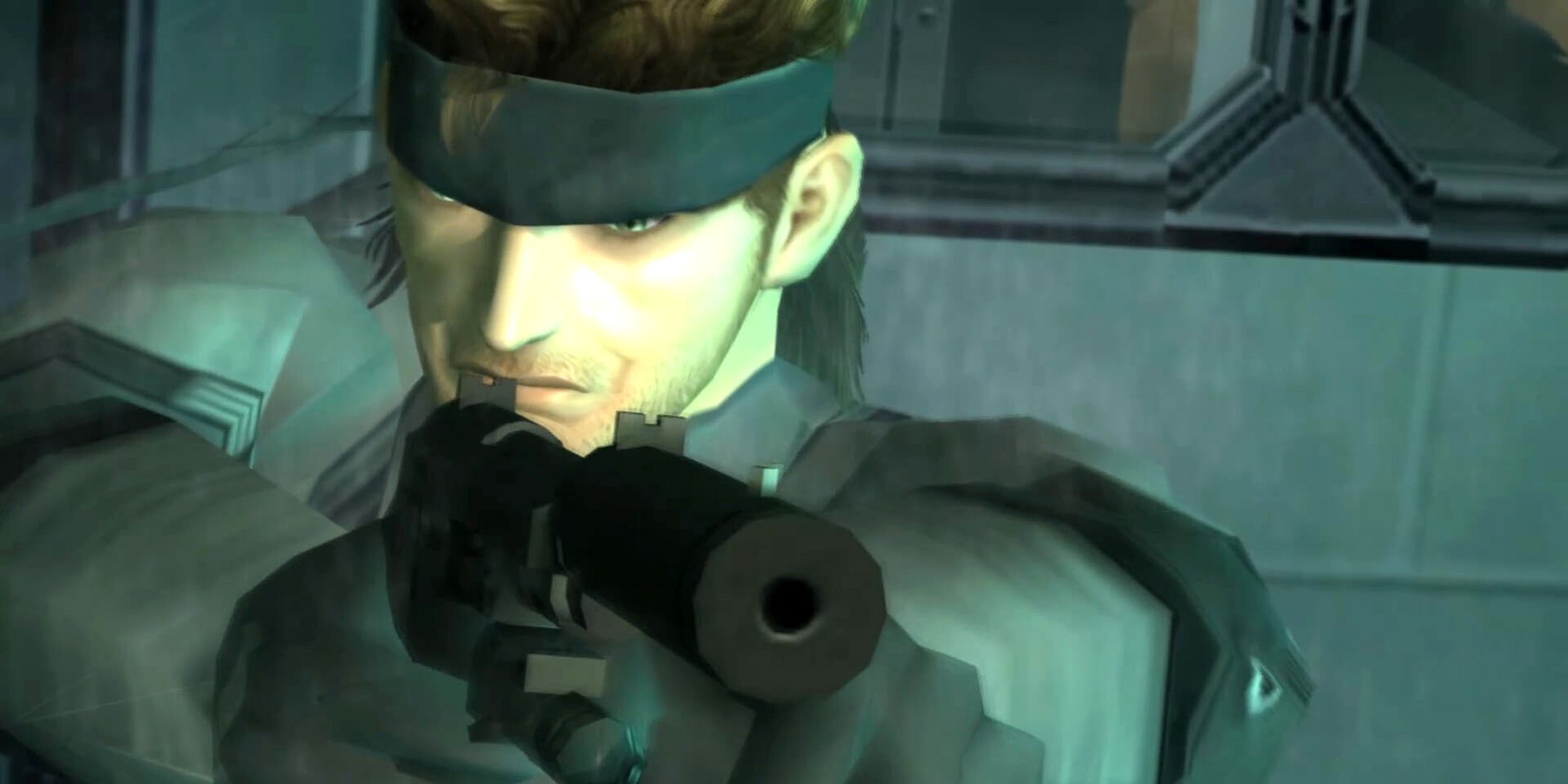 Snake apuntando a una pistola silenciada en Metal Gear Solid 2