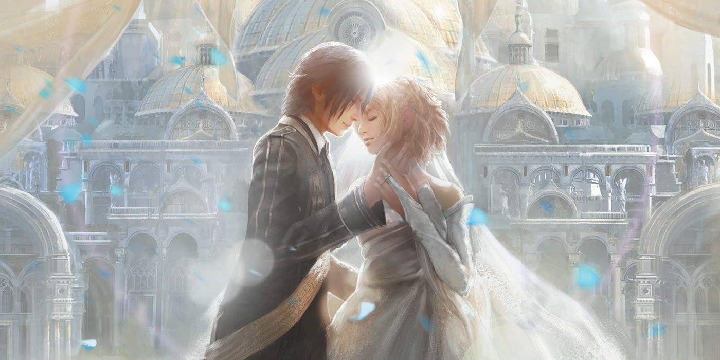 Artes de portada de la novelización de Final Fantasy 15 de la futura, con Noctis y Lunafreya entrelazados en Embrace. Ambos están vestidos con el atuendo de la boda.