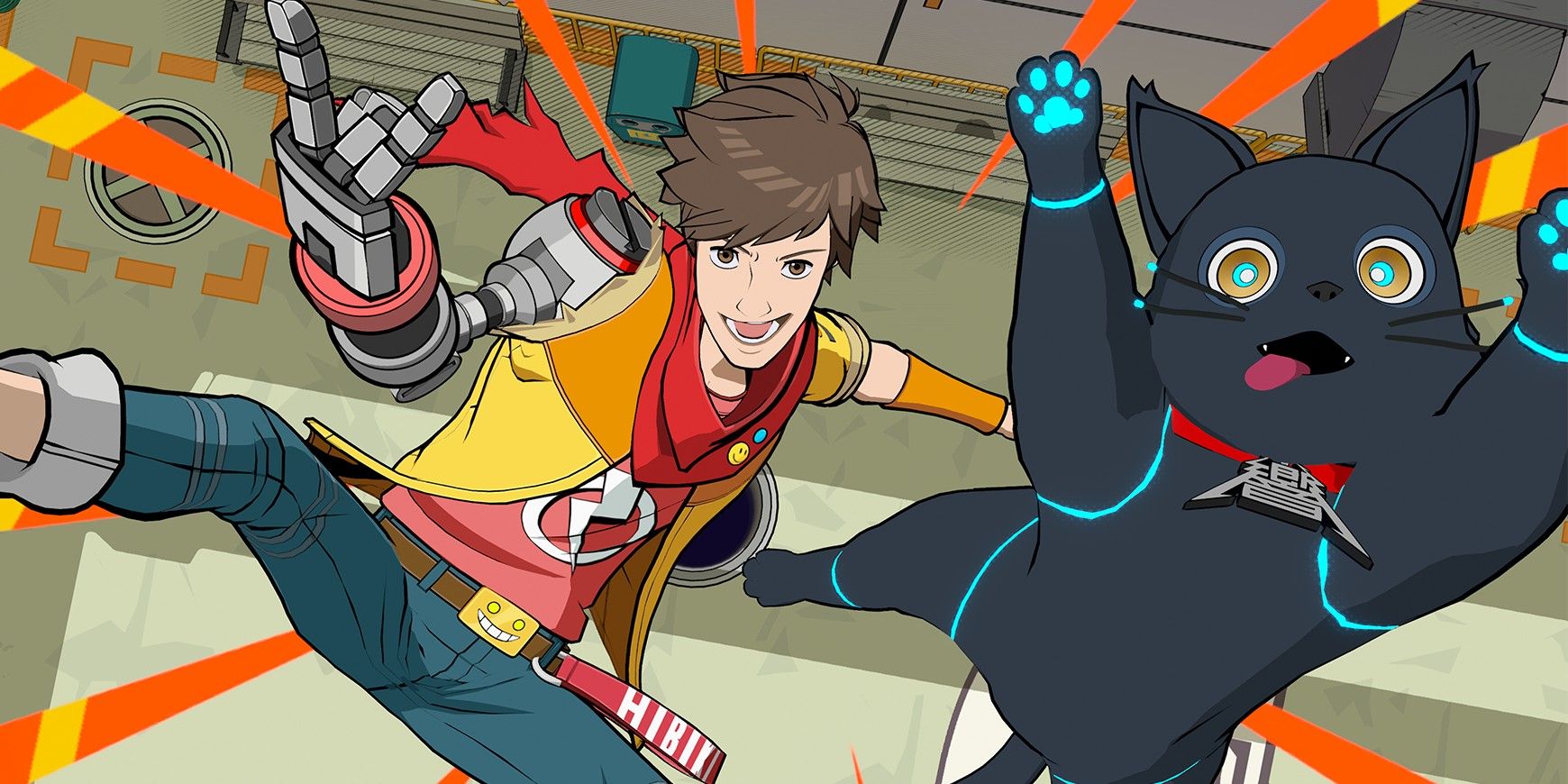 Chai de Hi-Fi Rush posa en el aire junto con su gato robótico, 808.
