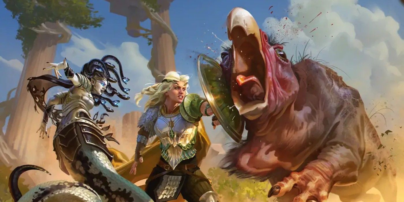 Asteria luchando contra un monstruo en el desierto en la cubierta de muchas cosas de las obras de arte clave.