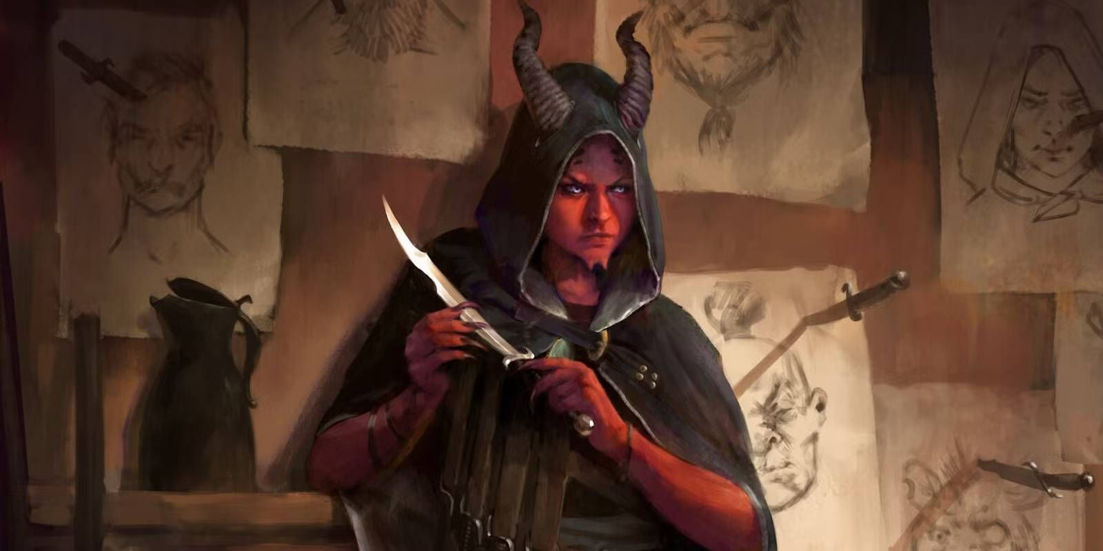 Dungeons and Dragons College of Whispers Bard Tiefling personaje empuñando un cuchillo