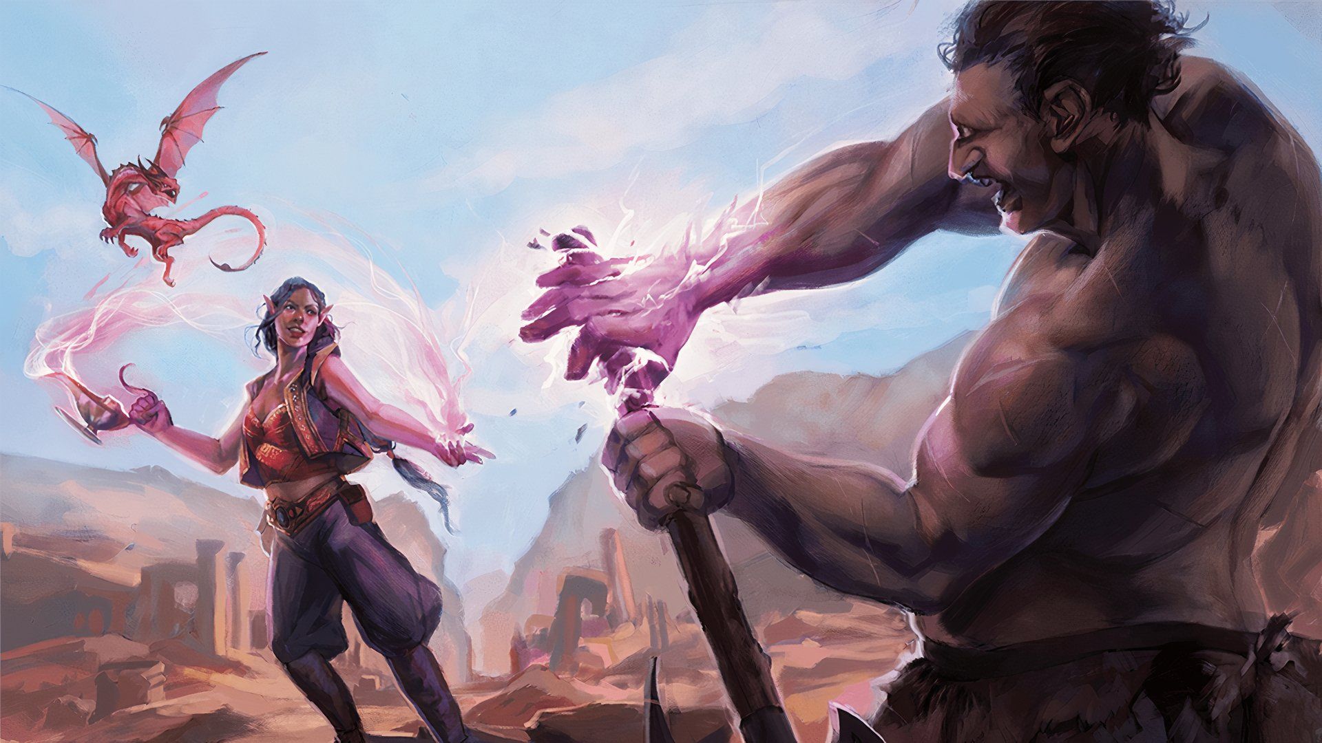 Dungeons and Dragons 5th Edition Wizard con una espada y energía morada que emana de ella.