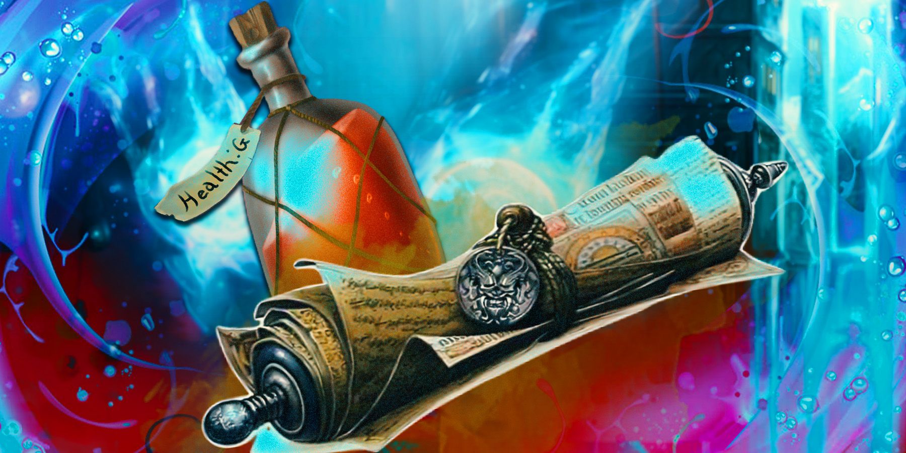 Una poción de salud y un hechizo de desplazamiento de D&D.