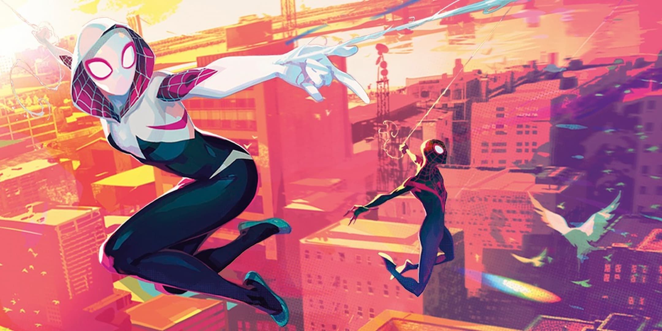 Ghost Spider y Miles balanceándose al atardecer