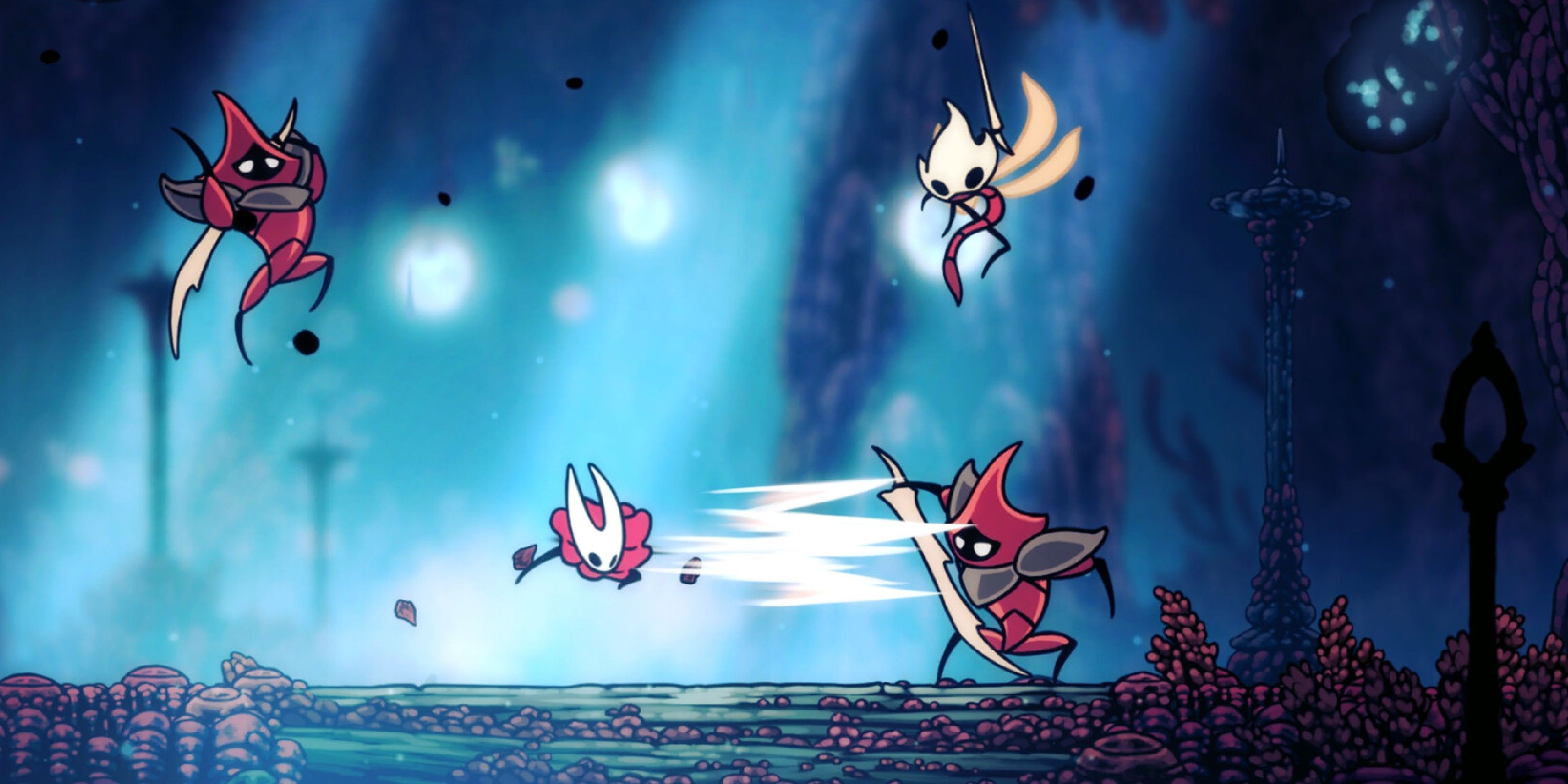 Hornet luchando contra varios enemigos en Silksong