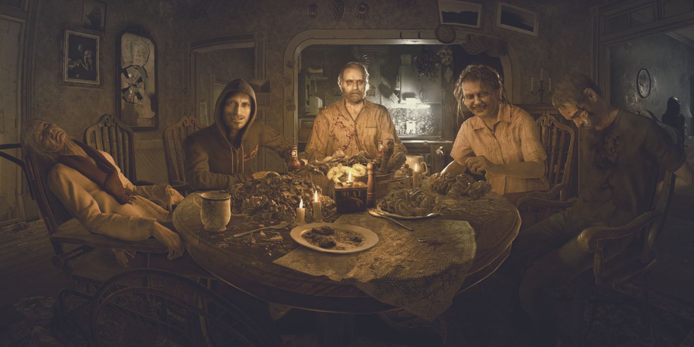 Una captura de pantalla en el juego de la familia Baker se sentó alrededor de la mesa de Resident Evil 7 Biohazard.