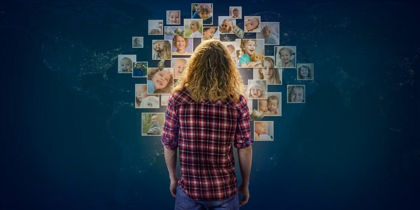 Una mujer mirando un collage de fotos de bebés
