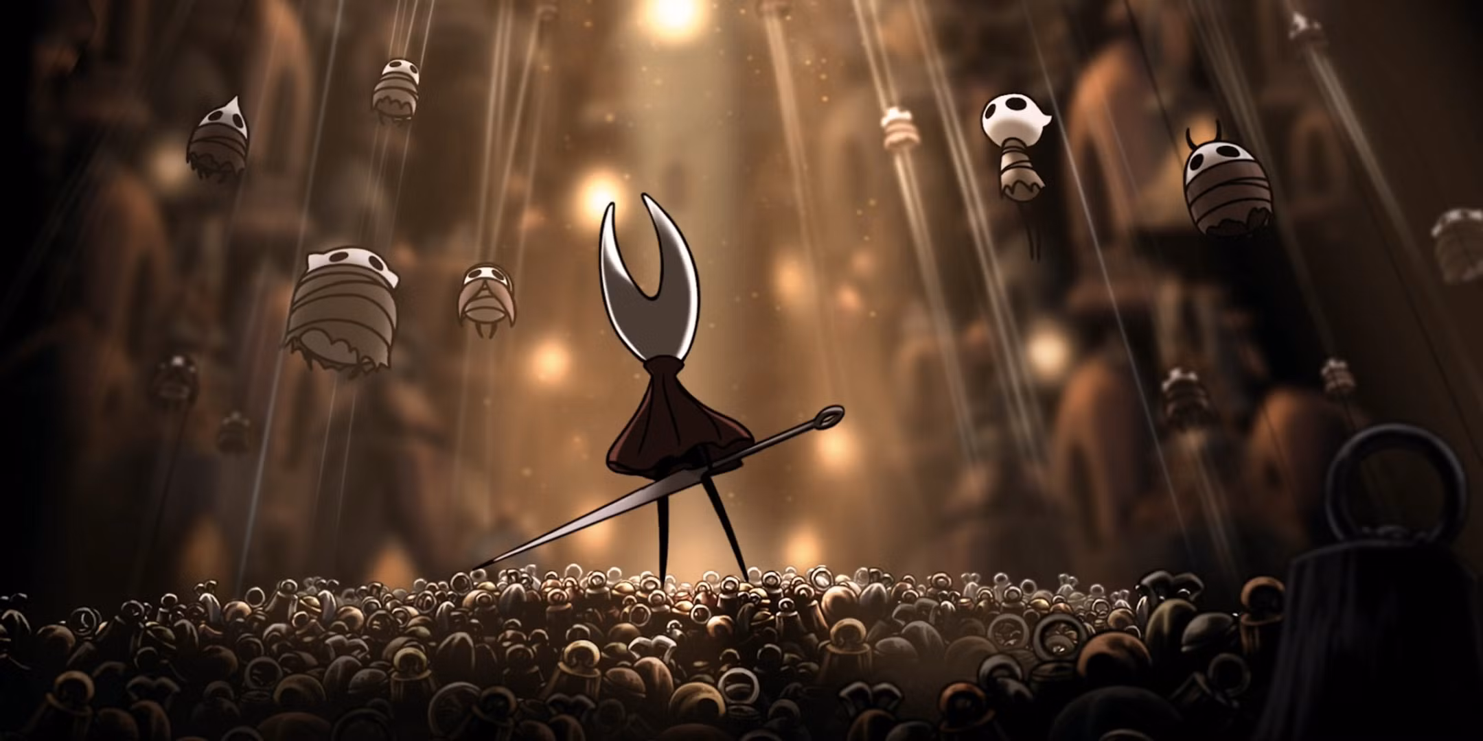 Hornet de pie en Bellhart entre los miembros de la ciudad en la ciudad en Hollow Knight: Silksong