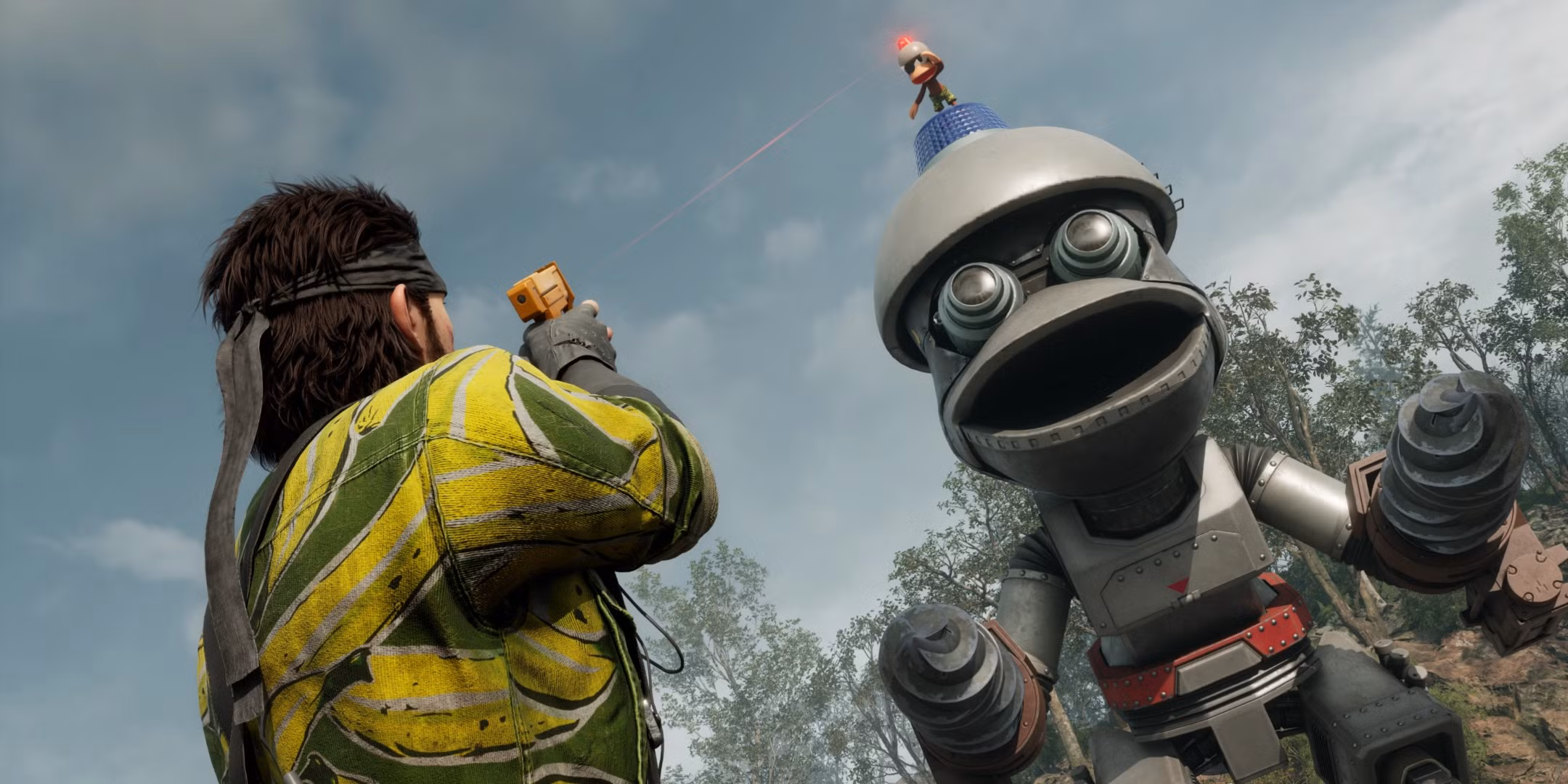 Snake encuentra un mono en lo alto en Snake vs. Monkey en Metal Gear Solid Delta: Snake Eater.