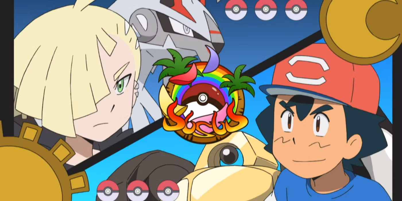Pantalla dividida que muestra a Gladion y Ash durante su partido en el anime Pokémon.