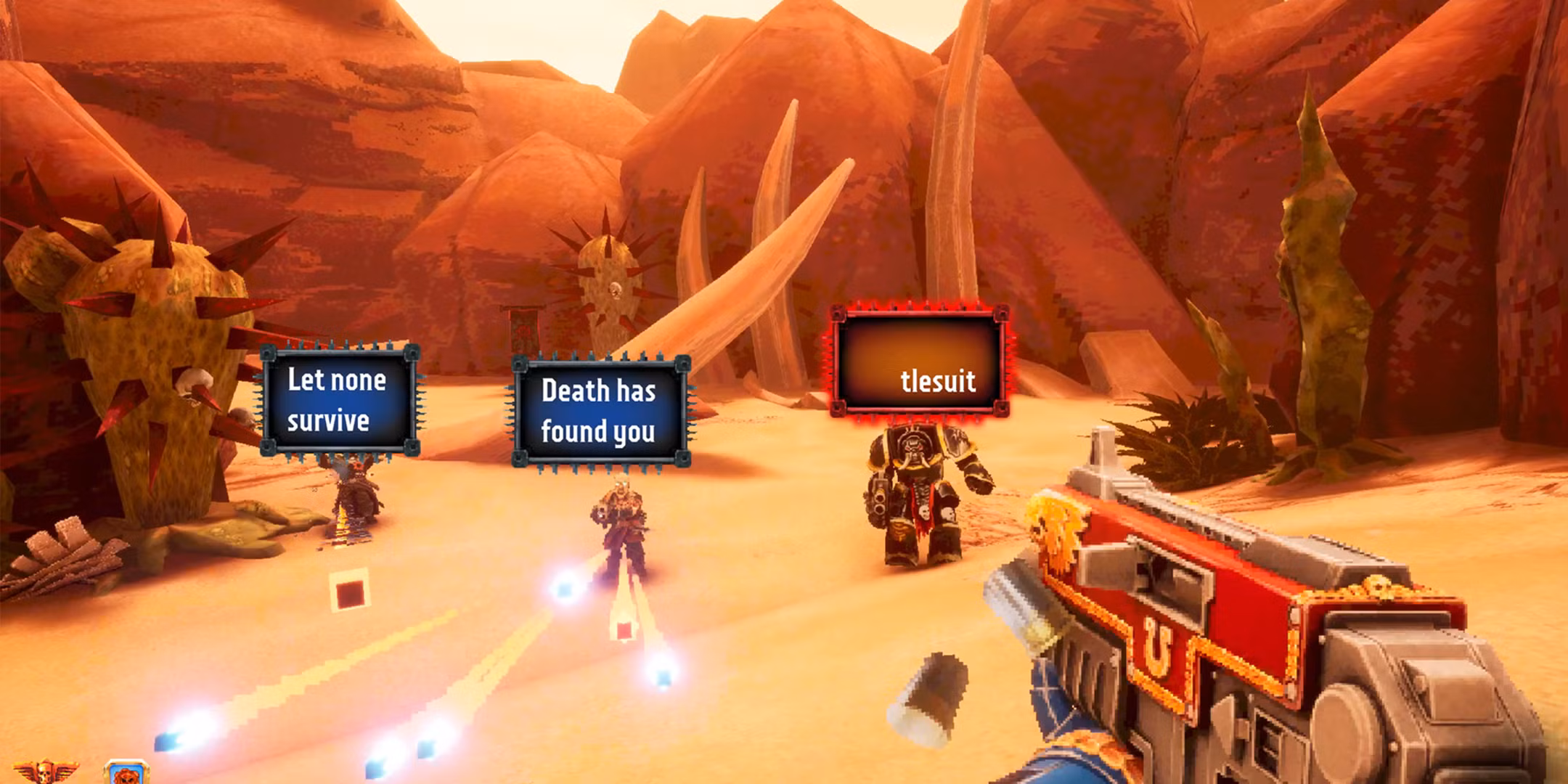 Warhammer 40k: Boltgun Words of Vengeance disparando en el desierto