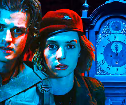 Steve y Robin con su equipo de batalla al revés con el reloj de Creel House en la temporada 4 de Stranger Things