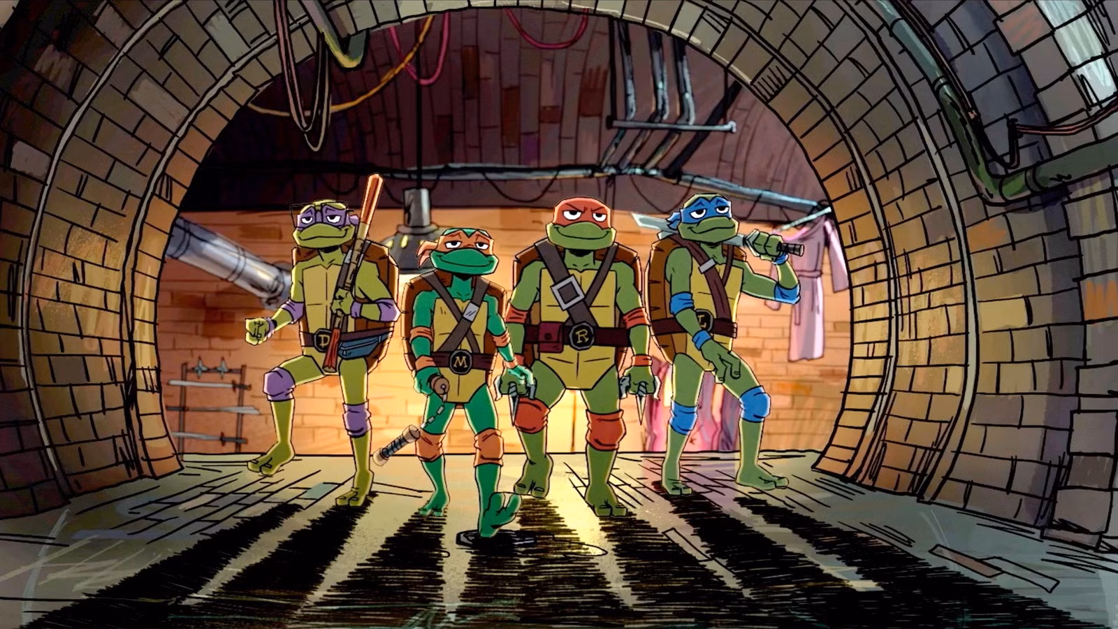 Donatello (voz: Micah Abbey), Michaelangelo (voz: Shamon Brown Jr.), Raphael (voz: Brady Noon), Leonardo (voz: Nicolas Cantu) reunidos en la temporada 1 de Tales of the Teenage Mutant Ninja Turtles