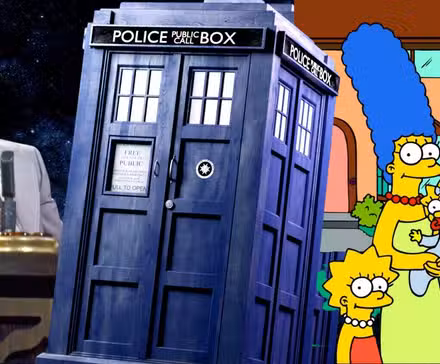 Collage de Johnny Carson, Doctor Who y Los Simpson.