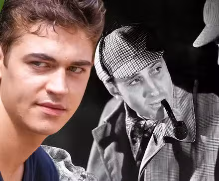 Una imagen compuesta del héroe Fiennes Tiffin mirando en After con Basil Rathbone interpretando a Sherlock Holmes.