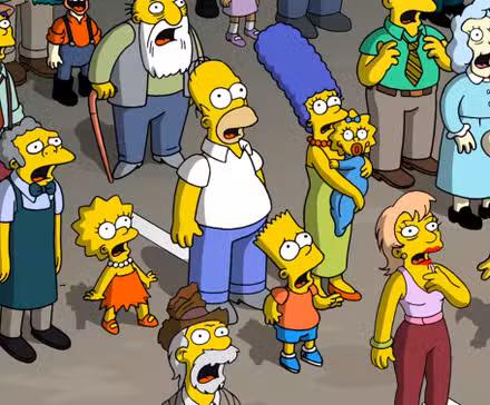 Personajes con la boca abierta mirando hacia arriba en Los Simpson