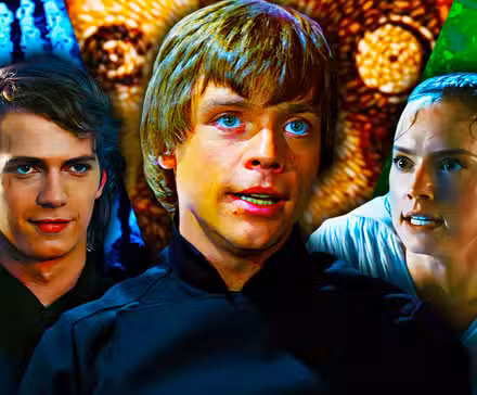 Anakin, Luke y Rey Skywalker sobre varias imágenes de la línea de tiempo de Star Wars