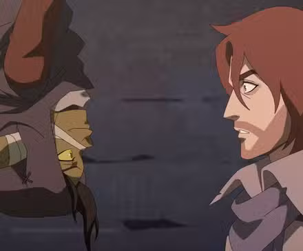 Nott the Brave colgado boca abajo y sonriendo frente a un sorprendido Caleb en The Mighty Nein