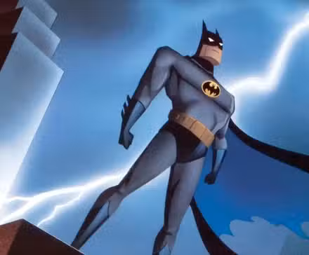 Batman en los tejados frente a un rayo en Batman la Serie Animada