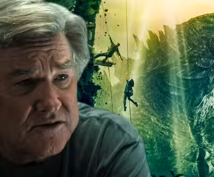 Una imagen compuesta de Kurt Russell hablando y Godzilla rugiendo de Monarch: Legacy of Monsters