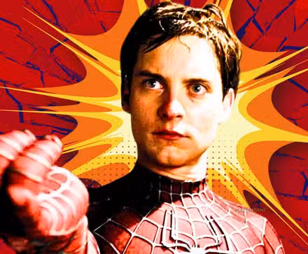 Tobey Maguire como Spider-Man con efectos de cómic de fondo