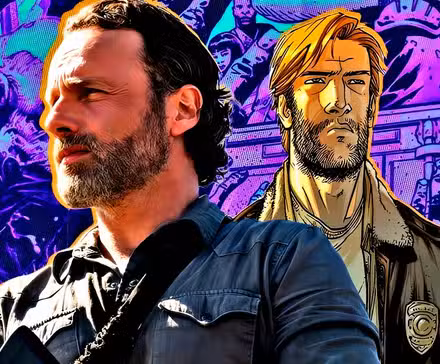Rick Grimes de acción real y cómic, uno al lado del otro, frente a paneles de cómics con zombis en The Walking Dead.