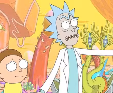 Rick y Morty en un colorido mundo alienígena