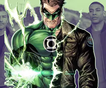 Versión cómica de Green Lantern Hal Jordan con Lanterns de HBO de fondo