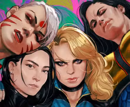 Arte del cómic: equipo de Birds of Prey con Zealot, Batgirl, Black Canary y Big Barda