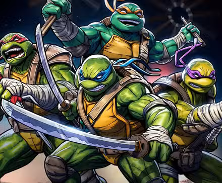 Tortugas Ninja mutantes adolescentes con armas en el arte TMNT