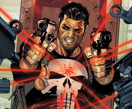 Frank con armas en el cómic de Punisher Red Band