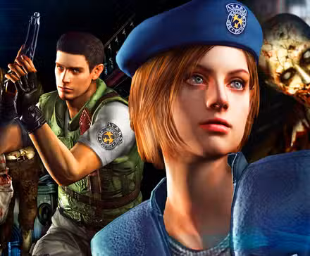 Chris y Jill de Resident Evil rodeados de zombies.