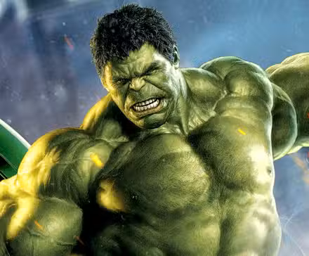 Hulk de Mark Ruffalo salta con los brazos extendidos frente al logo de Avengers MCU