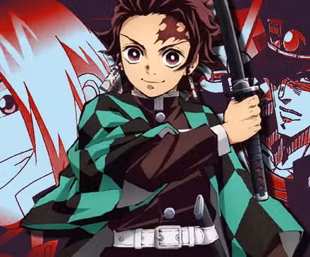 Tanjiro de Demon Slayer, Edward de Fullmetal Alchemist y Jotaro de JoJo's Bizarre Adventure en un collage rojo y azul con Tanjiro al frente.