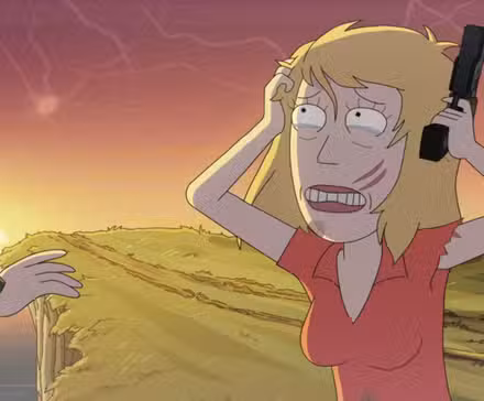 Beth sosteniendo una pistola y llorando mientras luce desordenada en Rick y Morty temporada 8, episodio 10