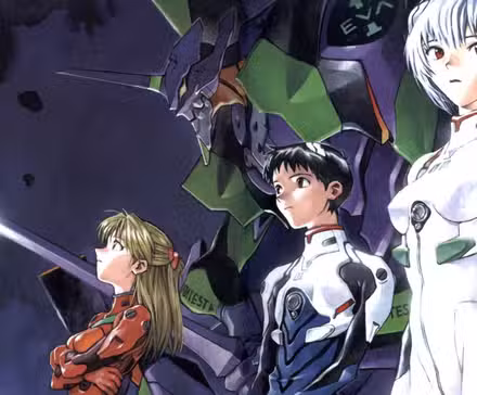 Rei, Shinji y Asuka mirando a lo lejos con la Unidad Evangelion-01 detrás de ellos.