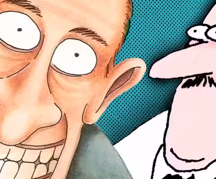 Hombre sonriente de Far Side (izquierda) y hombre con los ojos muy abiertos (derecha)