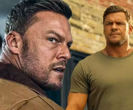 Una imagen compuesta de Jack Reacher mirando por encima del hombro frente a Reacher caminando enojado por la calle en Reacher.