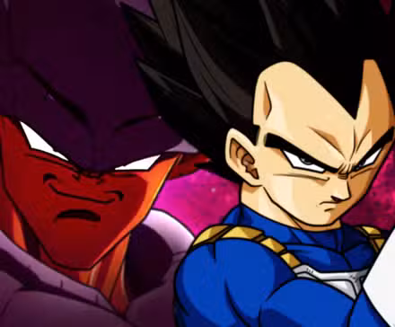 Vegeta de Dragon Ball Z muestra su puño y Janemba sonríe
