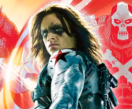 Sebastian Stan como Bucky Barnes con cómics del Capitán América y Crossbones de fondo.