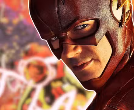 Grant Gustin como Flash del Arrowverse con fondo cómico borroso
